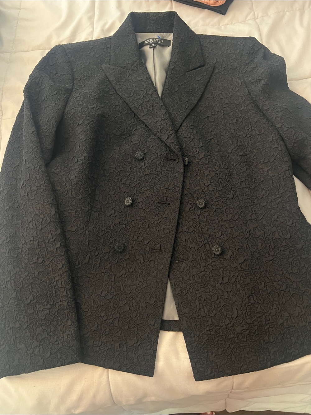 Kasper Black Double-Breasted Textured Floral Blazer